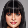 Woman showing before and after green Melanina Colored Lenses Dubai